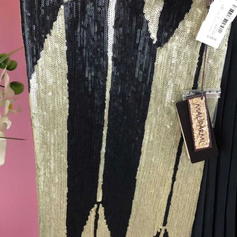 Maliparmi Italian Sequin Pleated Black and Gold Wrap Skirt 42/6 NWT